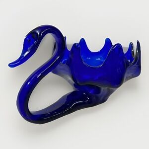Vintage Cobalt Blue Blown Glass Swan Candy Dish MCM Decorative